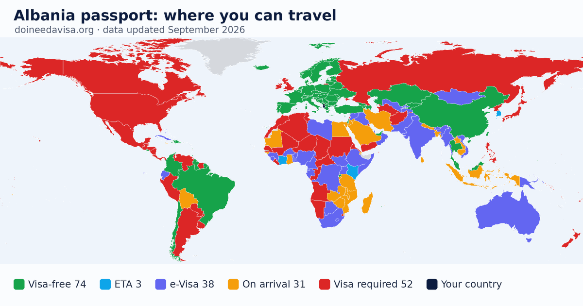 World map of entry requirements for Albania passport holders: visa-free, ETA, e-Visa, visa on arrival and visa required