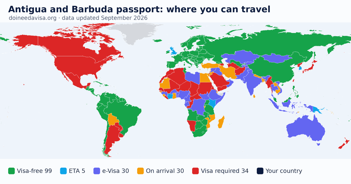 World map of entry requirements for Antigua and Barbuda passport holders: visa-free, ETA, e-Visa, visa on arrival and visa required