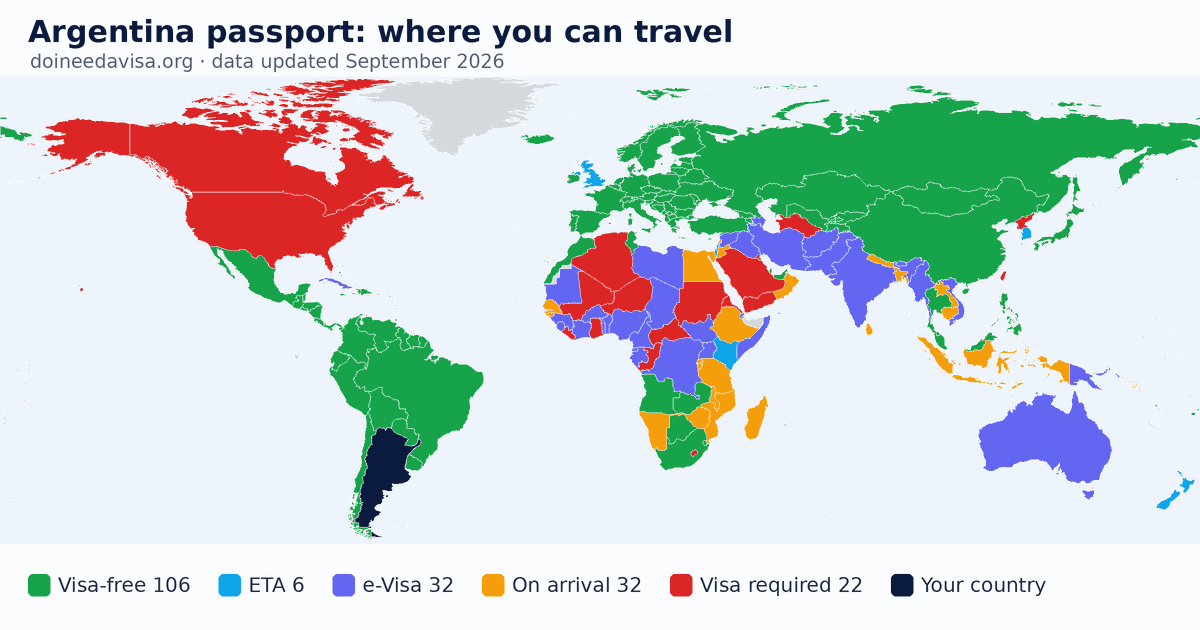 World map of entry requirements for Argentina passport holders: visa-free, ETA, e-Visa, visa on arrival and visa required