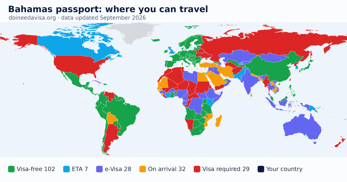 World map of entry requirements for Bahamas passport holders: visa-free, ETA, e-Visa, visa on arrival and visa required