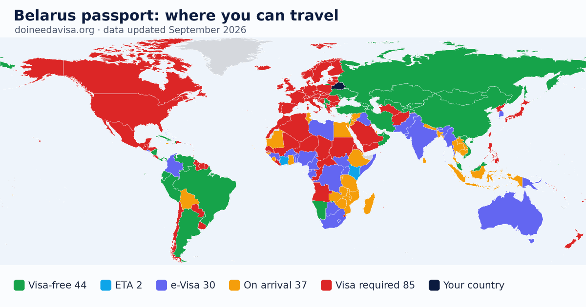 World map of entry requirements for Belarus passport holders: visa-free, ETA, e-Visa, visa on arrival and visa required