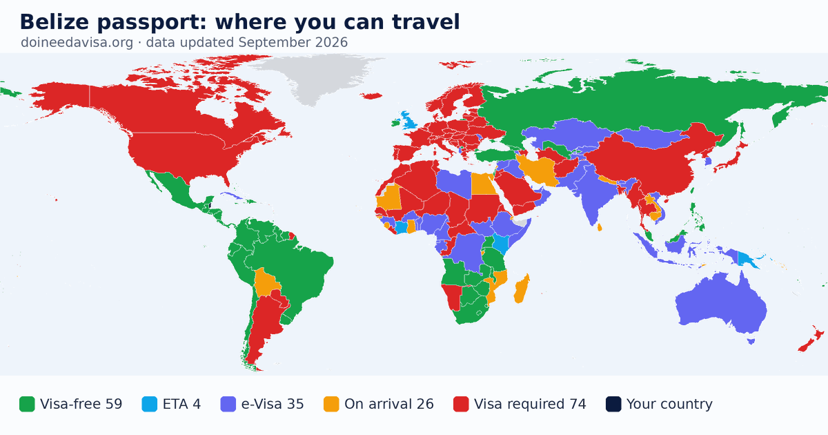 World map of entry requirements for Belize passport holders: visa-free, ETA, e-Visa, visa on arrival and visa required