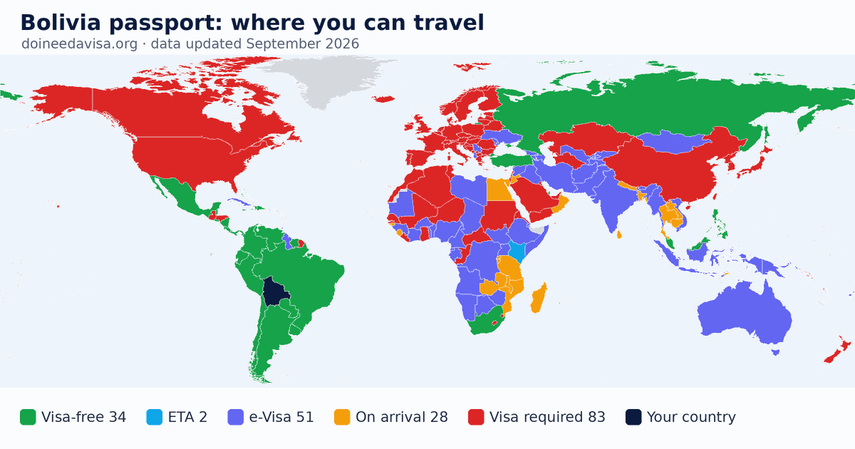 World map of entry requirements for Bolivia passport holders: visa-free, ETA, e-Visa, visa on arrival and visa required