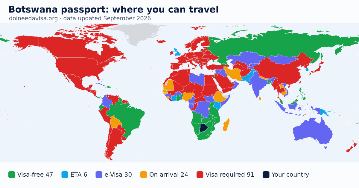 World map of entry requirements for Botswana passport holders: visa-free, ETA, e-Visa, visa on arrival and visa required