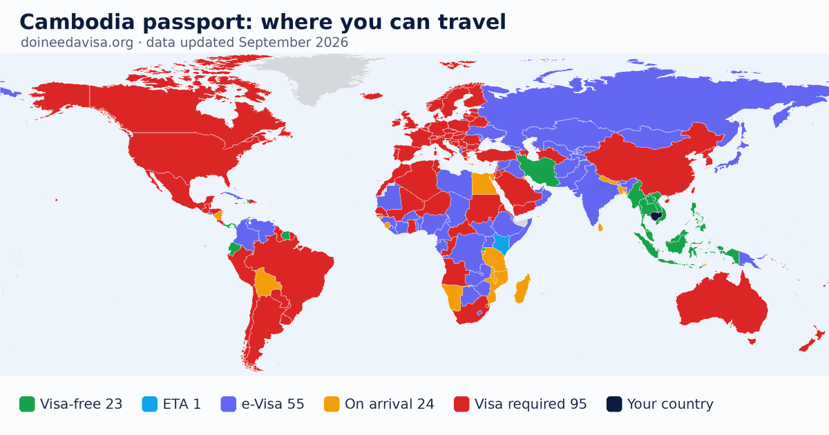 World map of entry requirements for Cambodia passport holders: visa-free, ETA, e-Visa, visa on arrival and visa required