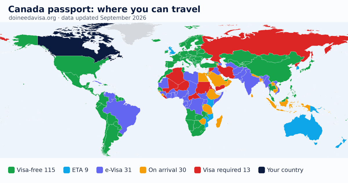 World map of entry requirements for Canada passport holders: visa-free, ETA, e-Visa, visa on arrival and visa required