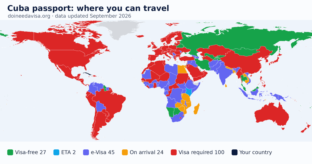 World map of entry requirements for Cuba passport holders: visa-free, ETA, e-Visa, visa on arrival and visa required