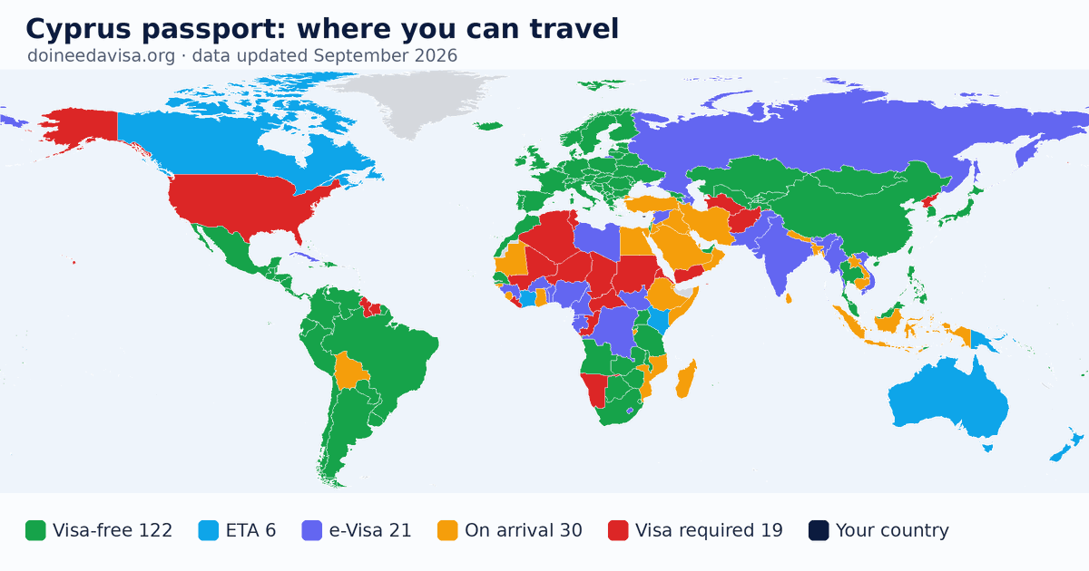 World map of entry requirements for Cyprus passport holders: visa-free, ETA, e-Visa, visa on arrival and visa required
