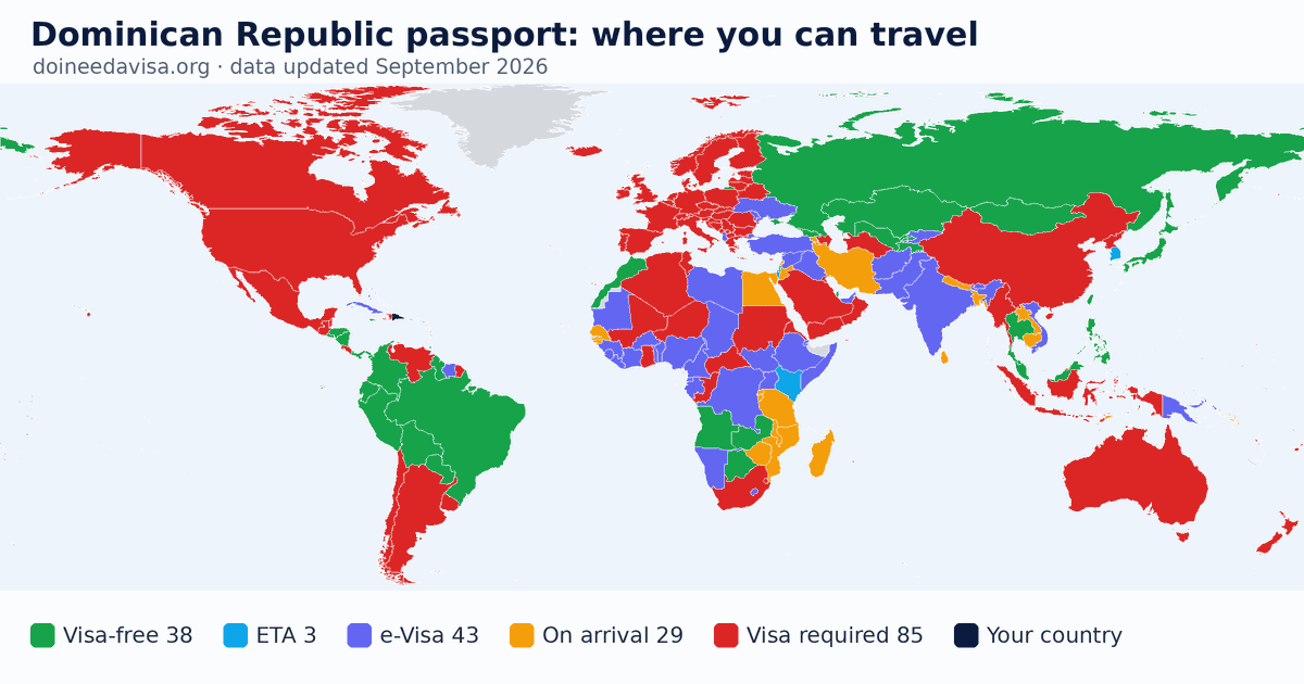 World map of entry requirements for Dominican Republic passport holders: visa-free, ETA, e-Visa, visa on arrival and visa required