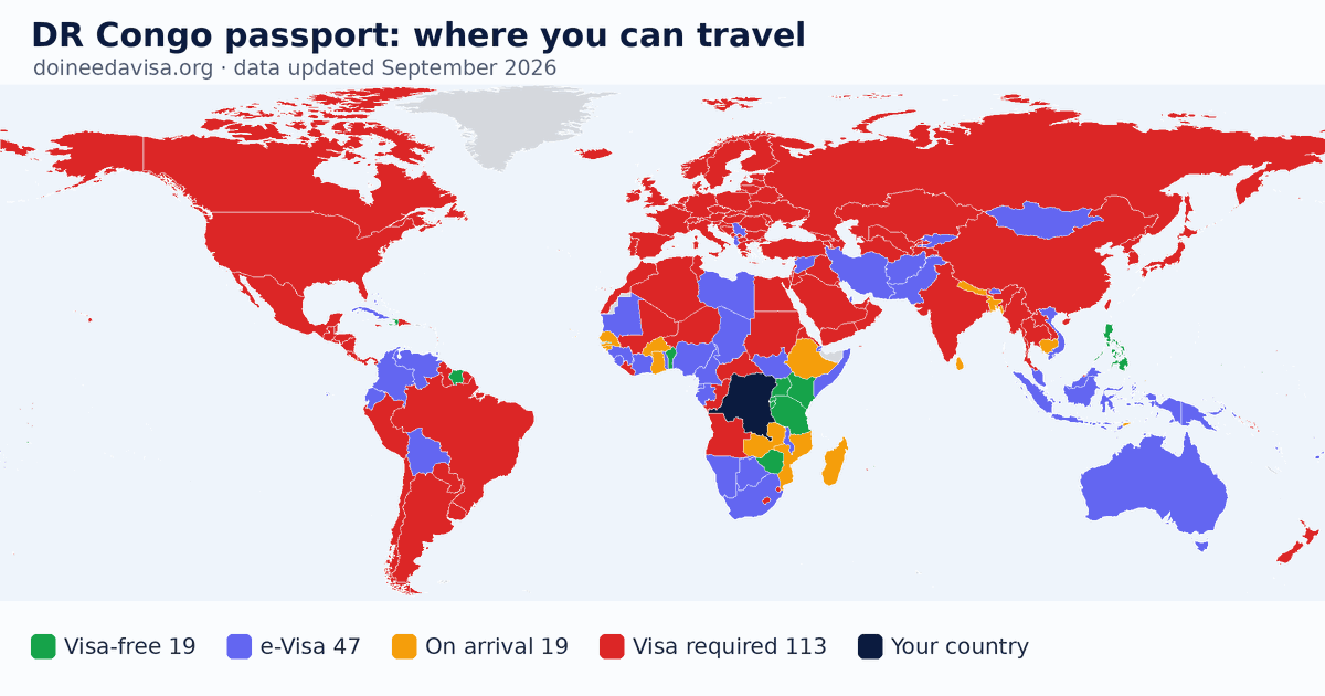 World map of entry requirements for DR Congo passport holders: visa-free, ETA, e-Visa, visa on arrival and visa required