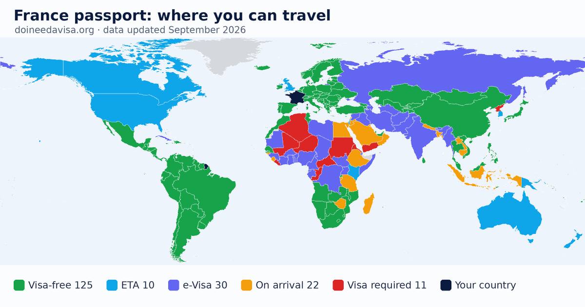 World map of entry requirements for France passport holders: visa-free, ETA, e-Visa, visa on arrival and visa required