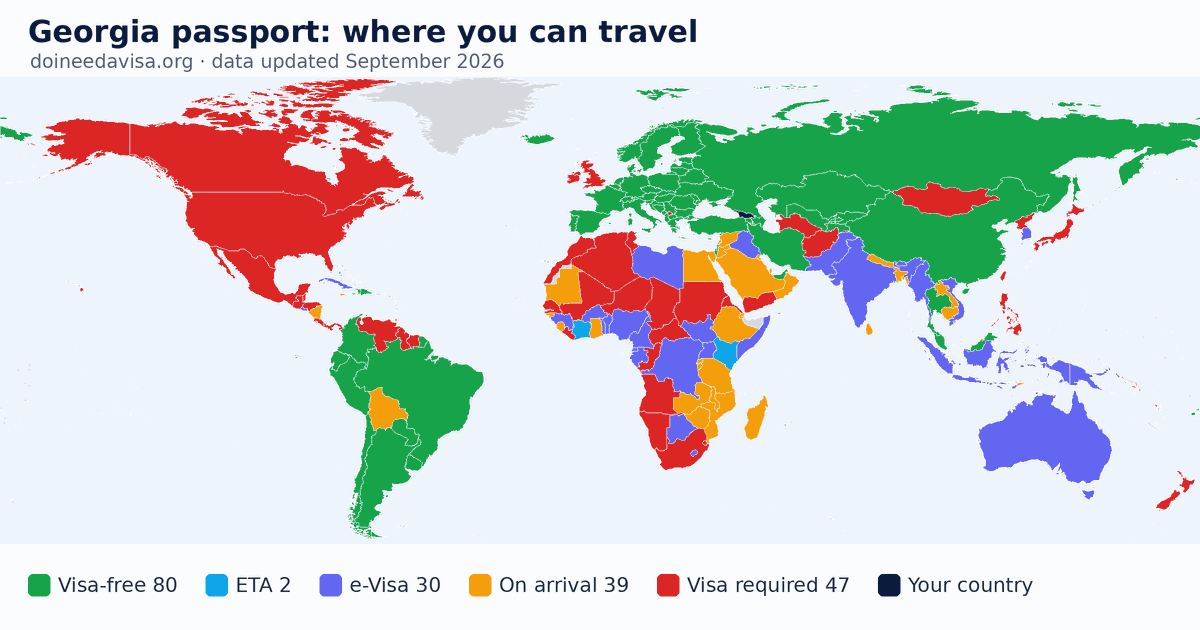 World map of entry requirements for Georgia passport holders: visa-free, ETA, e-Visa, visa on arrival and visa required