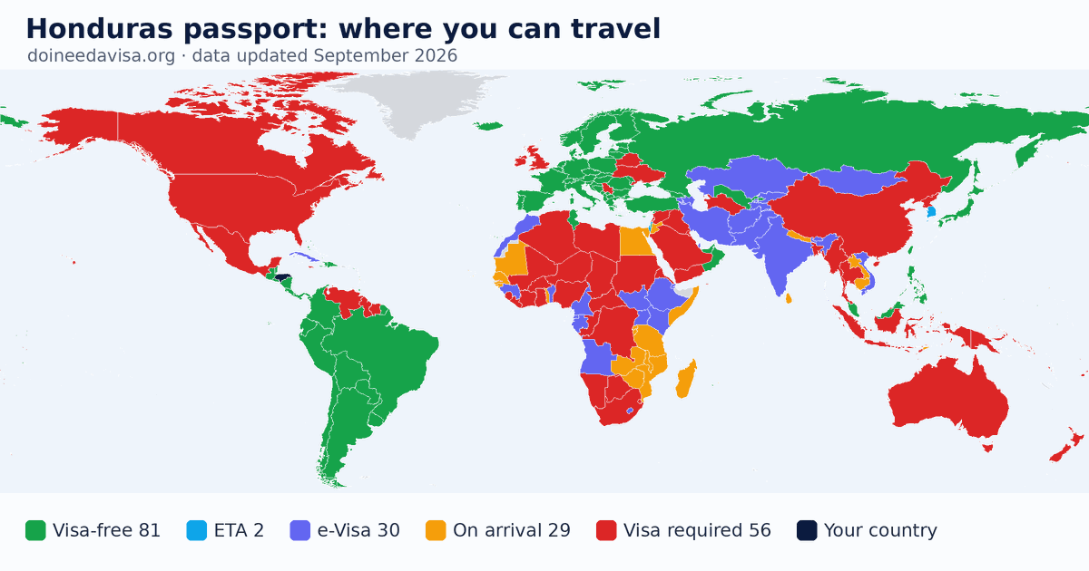 World map of entry requirements for Honduras passport holders: visa-free, ETA, e-Visa, visa on arrival and visa required