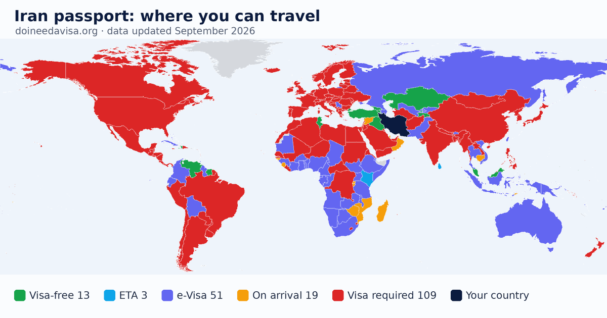 World map of entry requirements for Iran passport holders: visa-free, ETA, e-Visa, visa on arrival and visa required