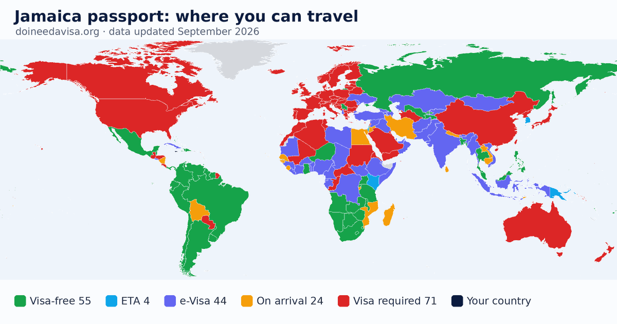 World map of entry requirements for Jamaica passport holders: visa-free, ETA, e-Visa, visa on arrival and visa required