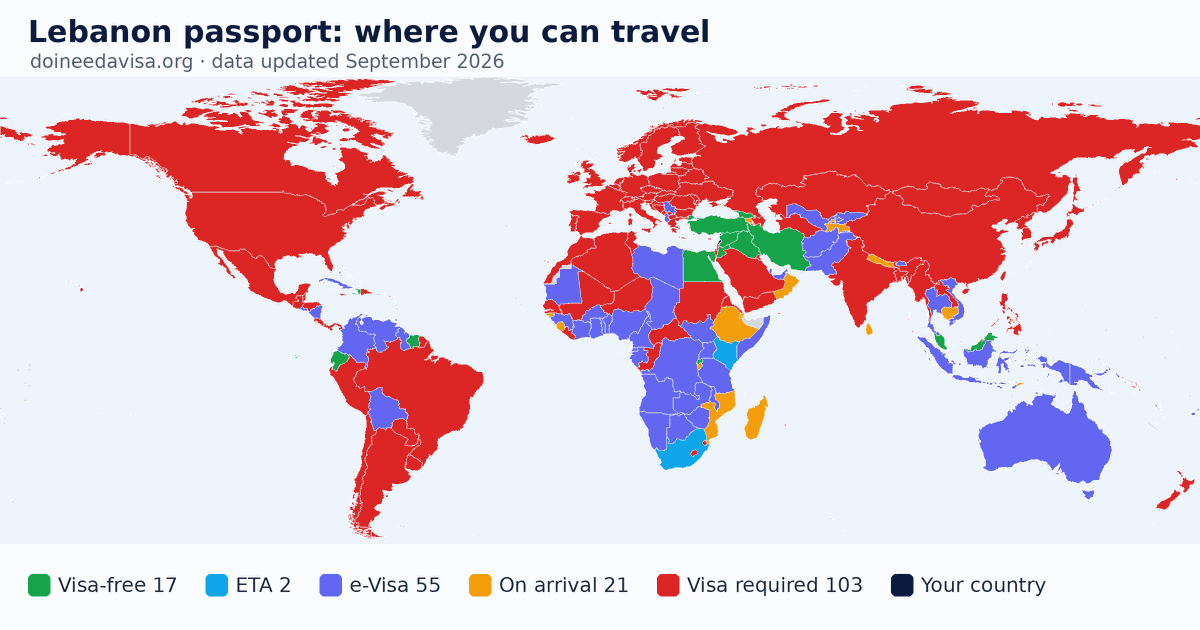 World map of entry requirements for Lebanon passport holders: visa-free, ETA, e-Visa, visa on arrival and visa required