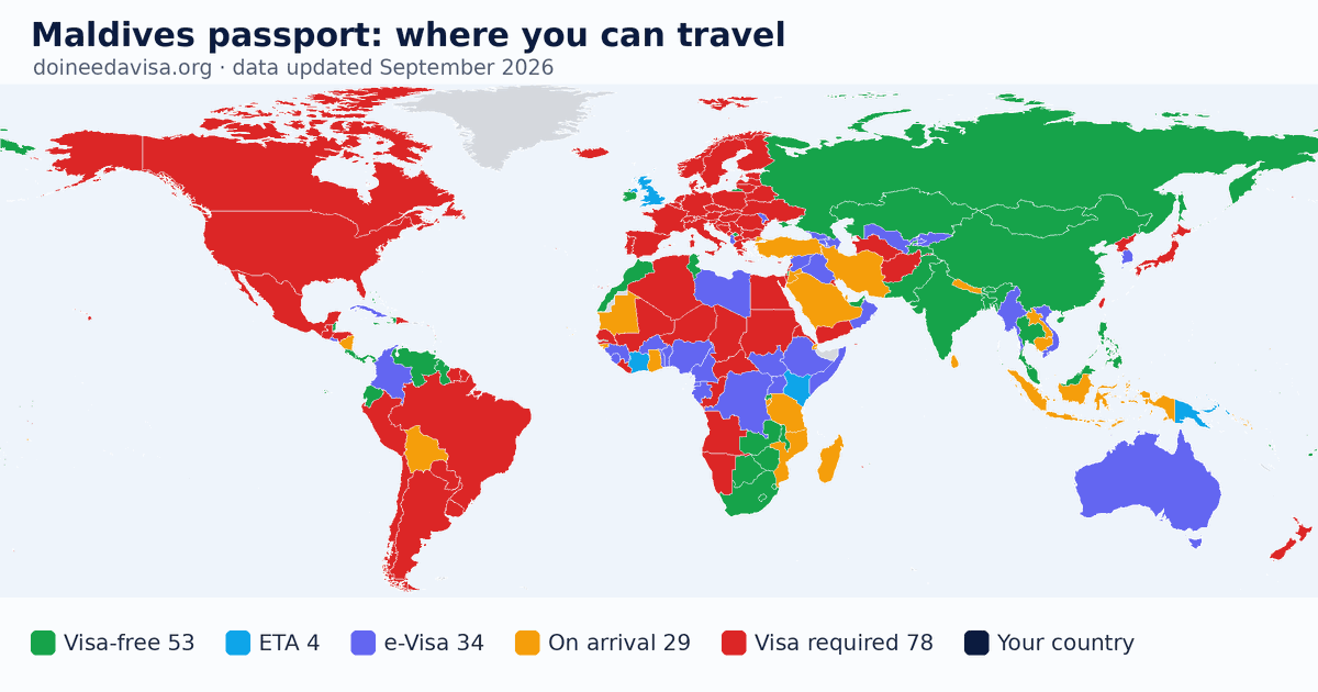 World map of entry requirements for Maldives passport holders: visa-free, ETA, e-Visa, visa on arrival and visa required