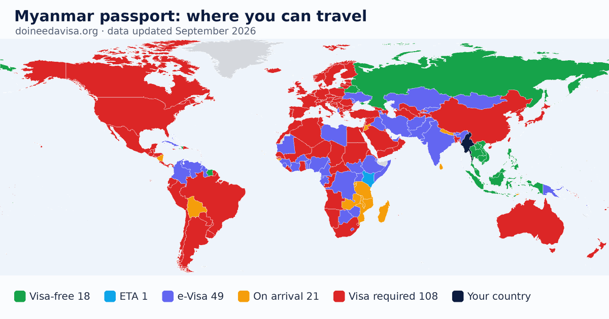 World map of entry requirements for Myanmar passport holders: visa-free, ETA, e-Visa, visa on arrival and visa required