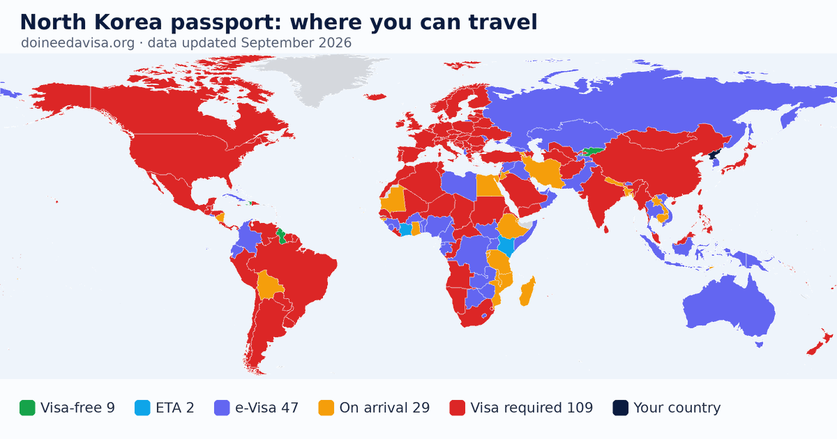 World map of entry requirements for North Korea passport holders: visa-free, ETA, e-Visa, visa on arrival and visa required