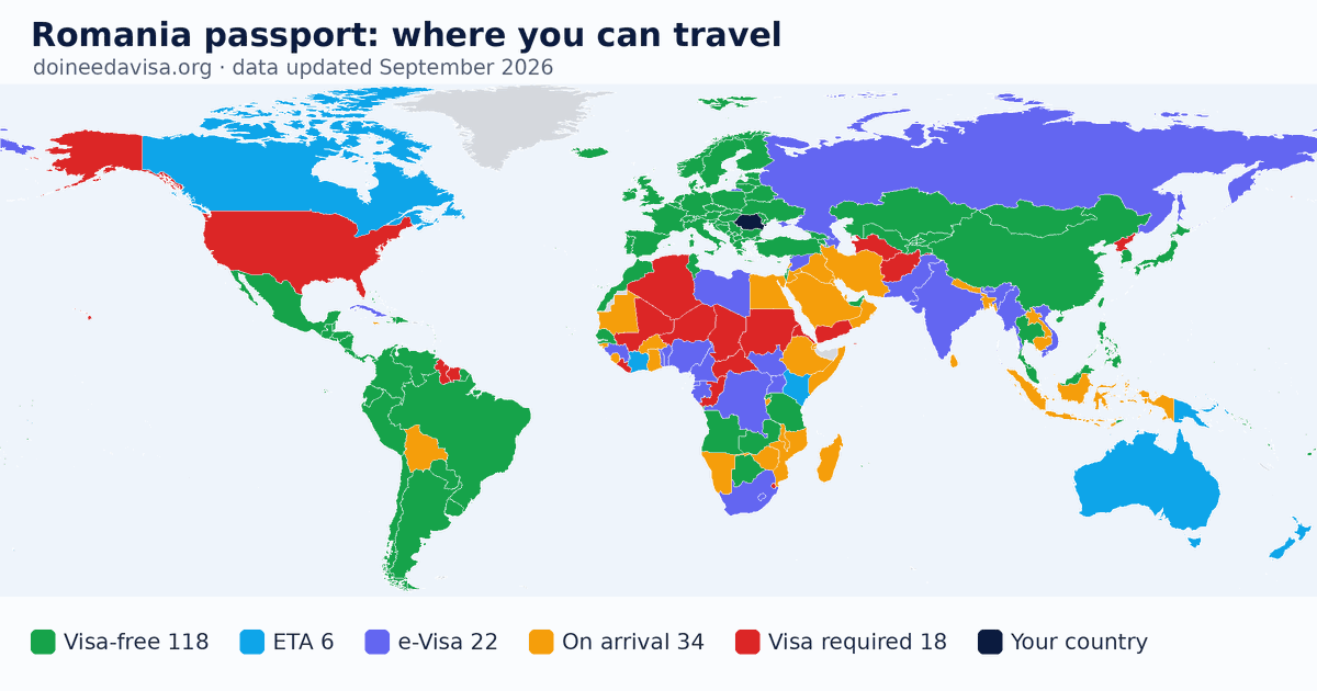 World map of entry requirements for Romania passport holders: visa-free, ETA, e-Visa, visa on arrival and visa required