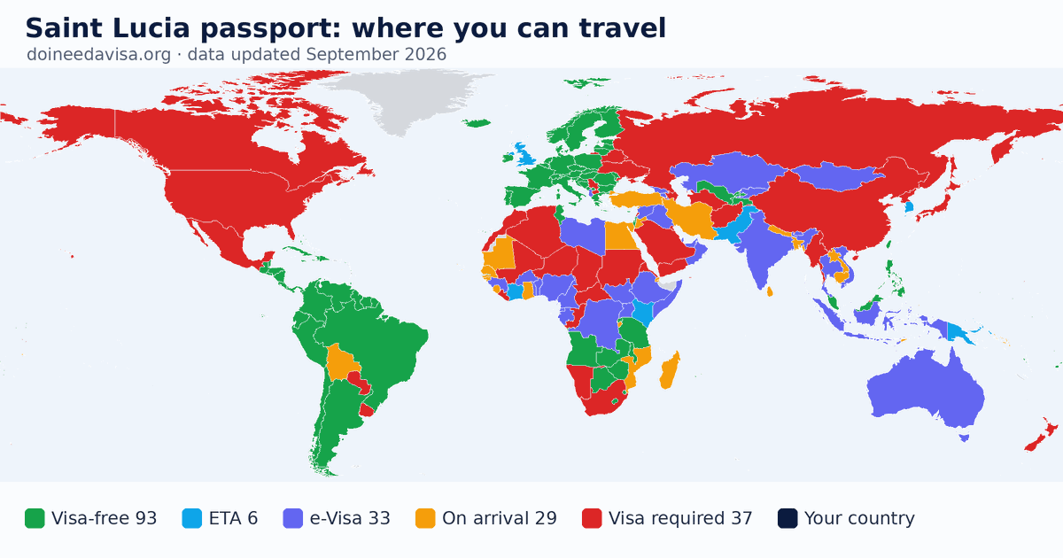 World map of entry requirements for Saint Lucia passport holders: visa-free, ETA, e-Visa, visa on arrival and visa required