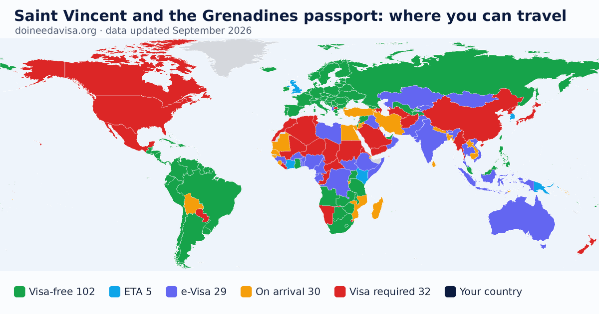 World map of entry requirements for Saint Vincent and the Grenadines passport holders: visa-free, ETA, e-Visa, visa on arrival and visa required