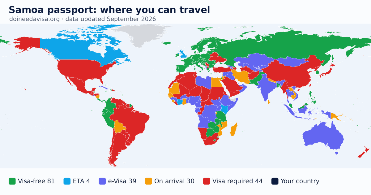 World map of entry requirements for Samoa passport holders: visa-free, ETA, e-Visa, visa on arrival and visa required