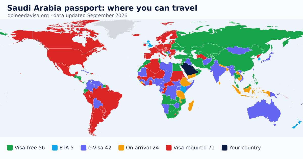 World map of entry requirements for Saudi Arabia passport holders: visa-free, ETA, e-Visa, visa on arrival and visa required
