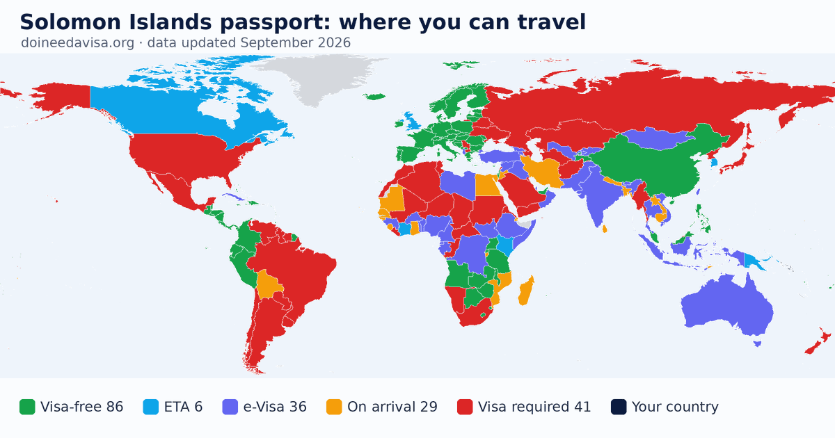 World map of entry requirements for Solomon Islands passport holders: visa-free, ETA, e-Visa, visa on arrival and visa required
