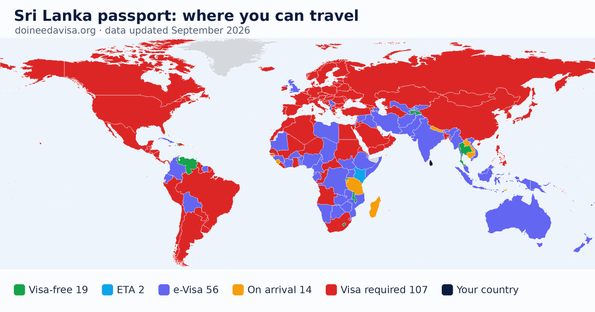 World map of entry requirements for Sri Lanka passport holders: visa-free, ETA, e-Visa, visa on arrival and visa required