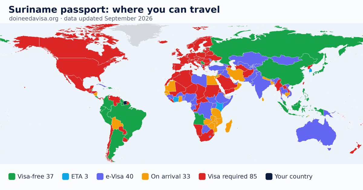 World map of entry requirements for Suriname passport holders: visa-free, ETA, e-Visa, visa on arrival and visa required