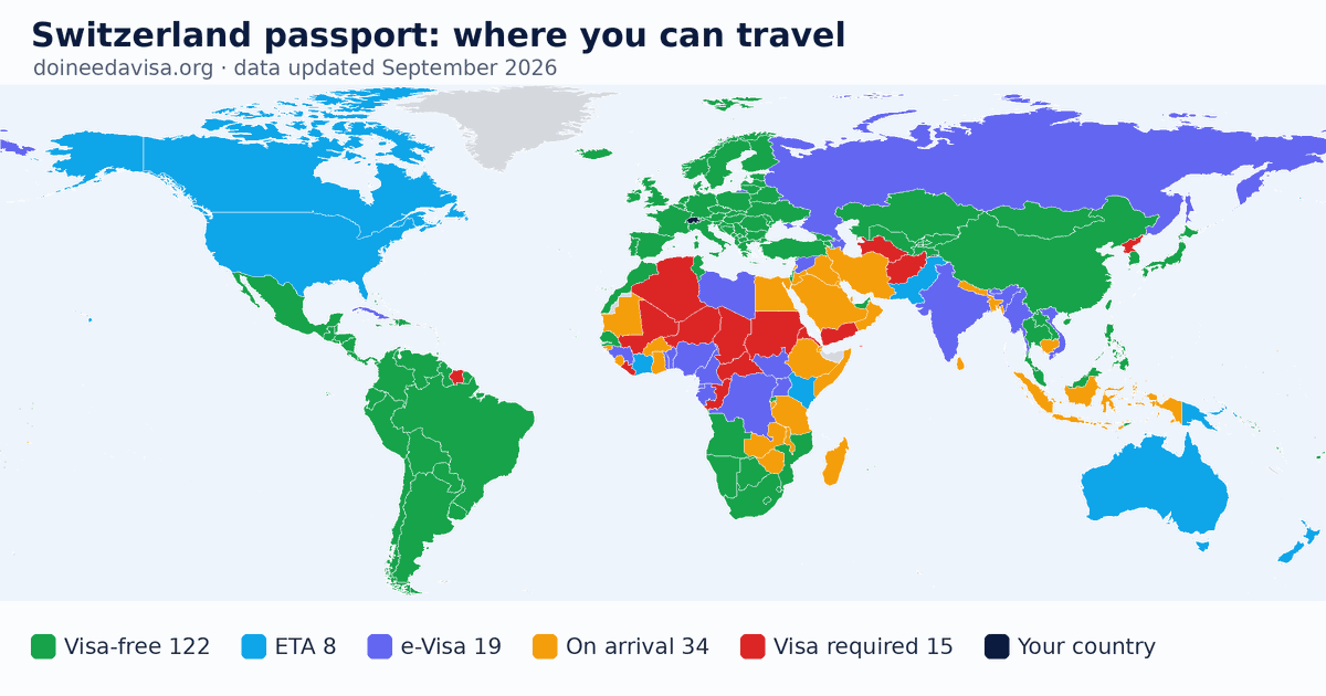 World map of entry requirements for Switzerland passport holders: visa-free, ETA, e-Visa, visa on arrival and visa required