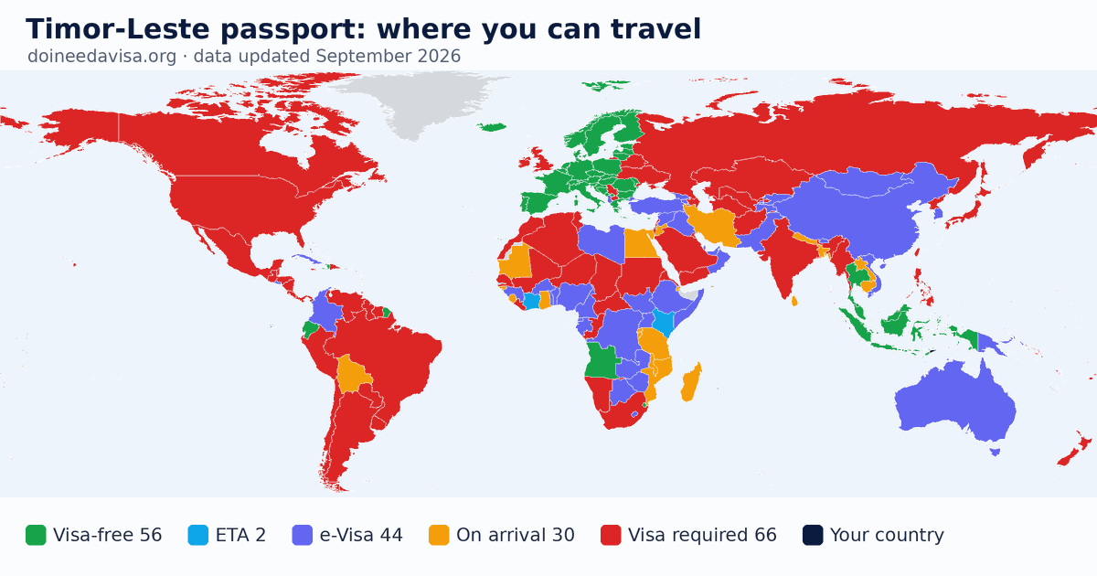 World map of entry requirements for Timor-Leste passport holders: visa-free, ETA, e-Visa, visa on arrival and visa required