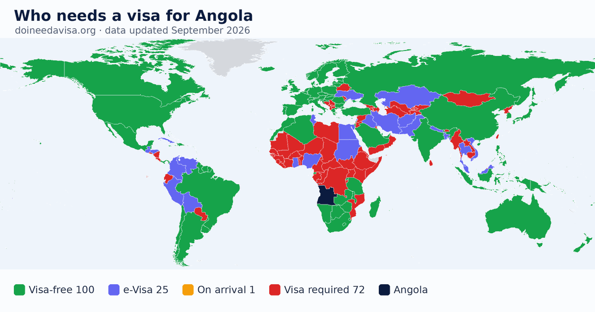 World map: which passports can enter Angola visa-free, with an ETA, e-Visa, visa on arrival or with a visa