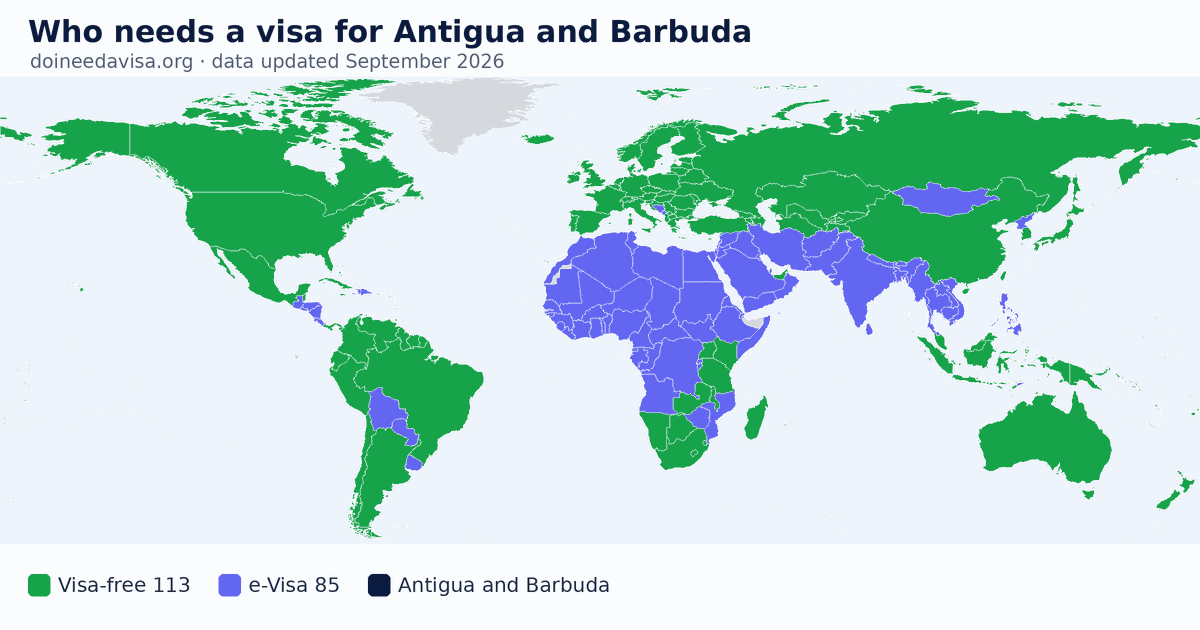 World map: which passports can enter Antigua and Barbuda visa-free, with an ETA, e-Visa, visa on arrival or with a visa
