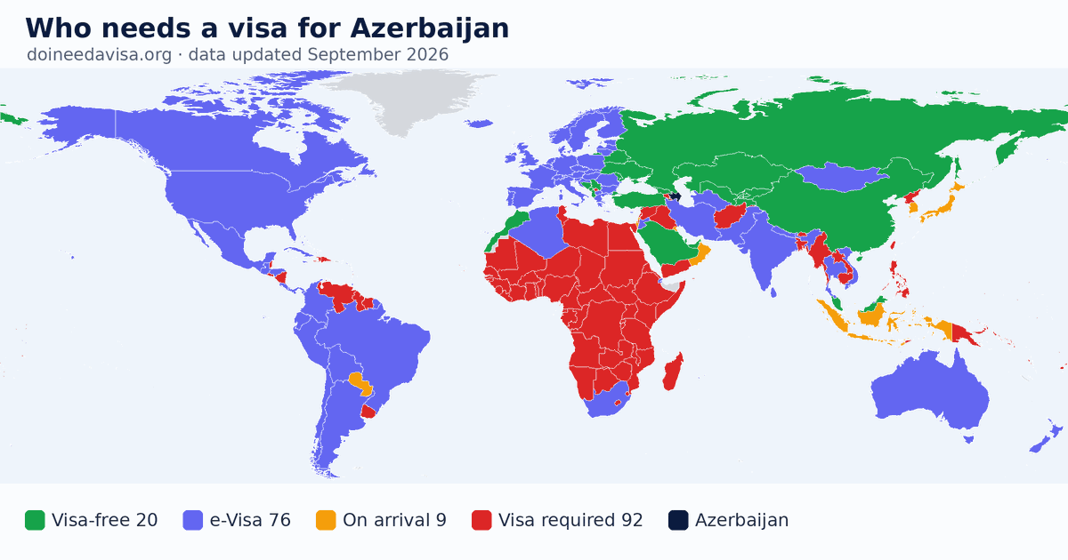 World map: which passports can enter Azerbaijan visa-free, with an ETA, e-Visa, visa on arrival or with a visa