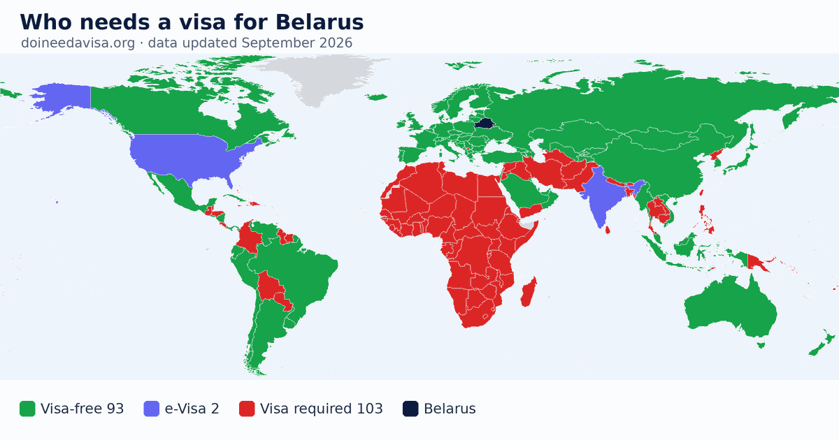 World map: which passports can enter Belarus visa-free, with an ETA, e-Visa, visa on arrival or with a visa