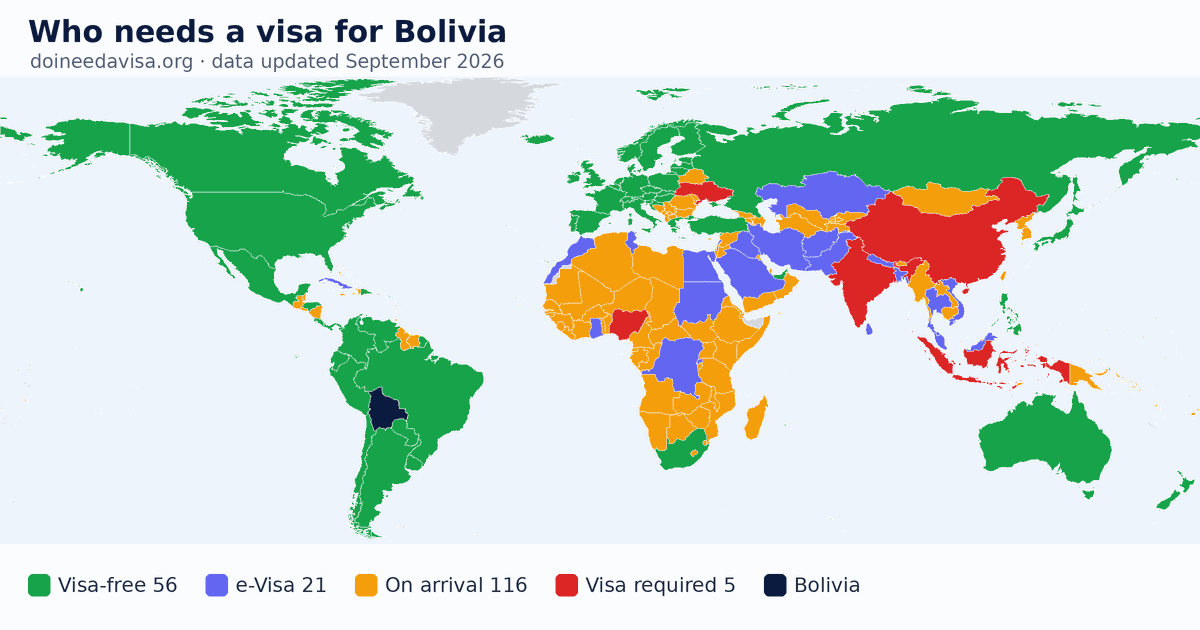 World map: which passports can enter Bolivia visa-free, with an ETA, e-Visa, visa on arrival or with a visa