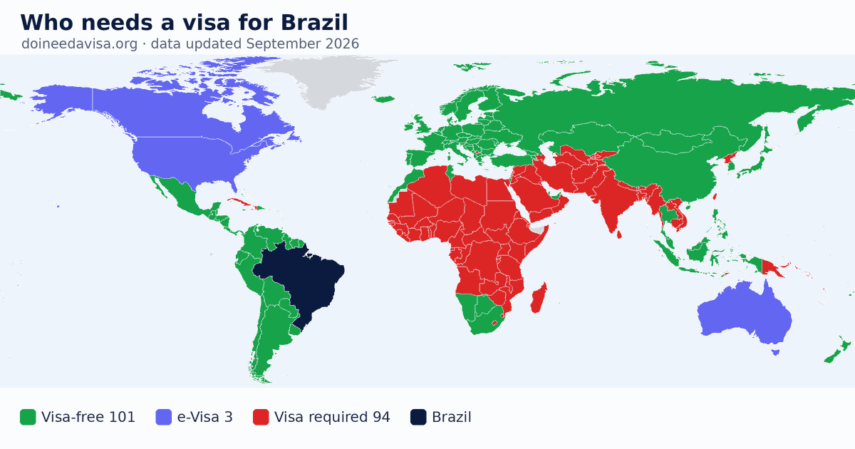 World map: which passports can enter Brazil visa-free, with an ETA, e-Visa, visa on arrival or with a visa