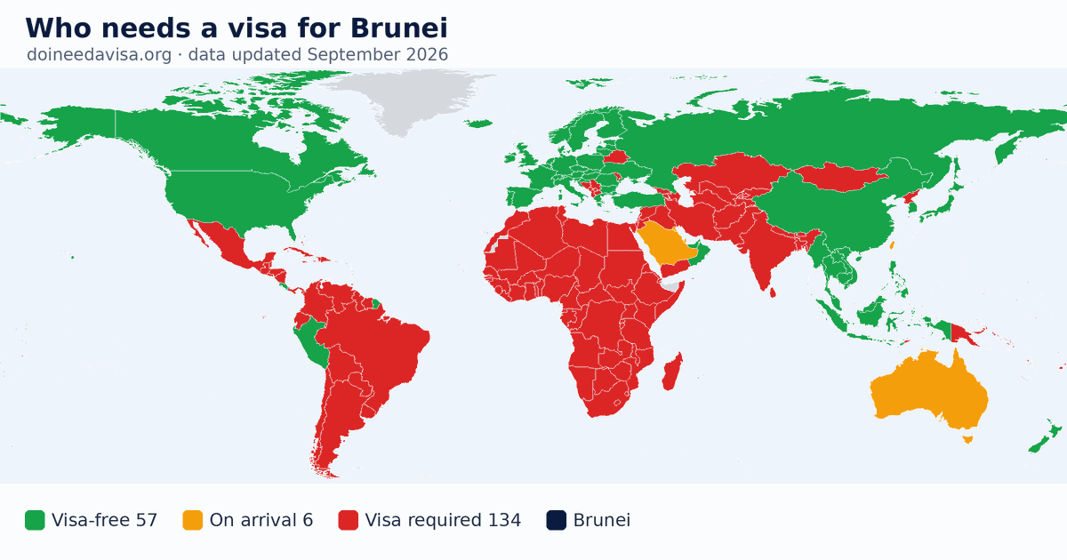 World map: which passports can enter Brunei visa-free, with an ETA, e-Visa, visa on arrival or with a visa