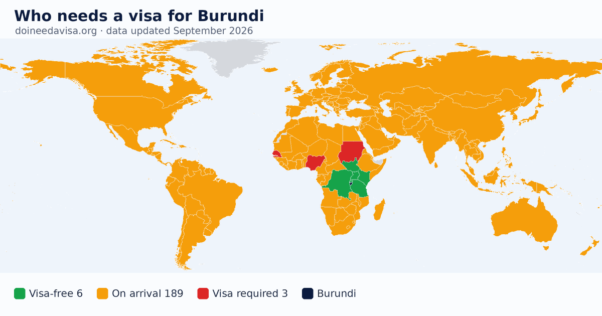 World map: which passports can enter Burundi visa-free, with an ETA, e-Visa, visa on arrival or with a visa