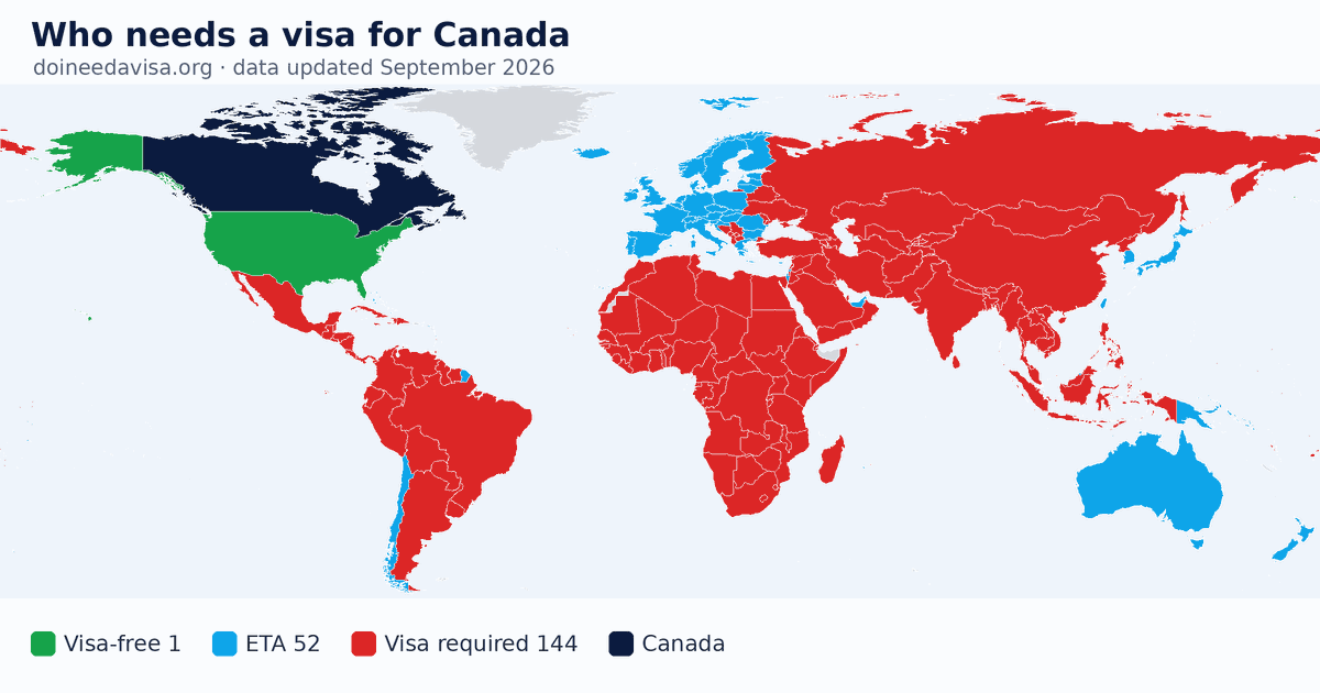 World map: which passports can enter Canada visa-free, with an ETA, e-Visa, visa on arrival or with a visa