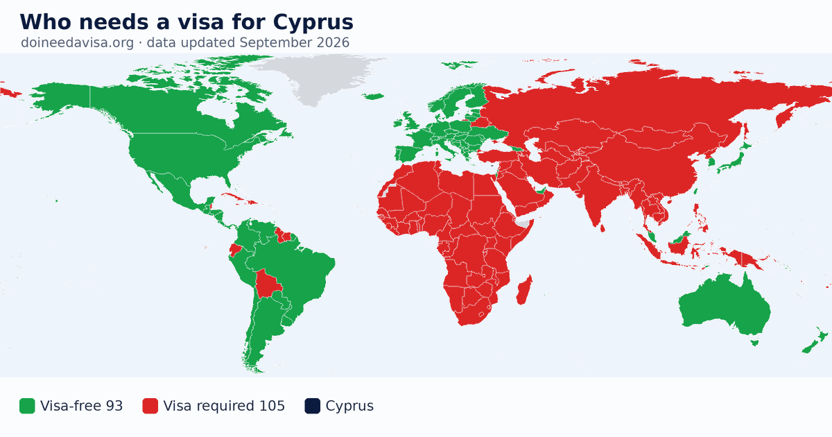 World map: which passports can enter Cyprus visa-free, with an ETA, e-Visa, visa on arrival or with a visa