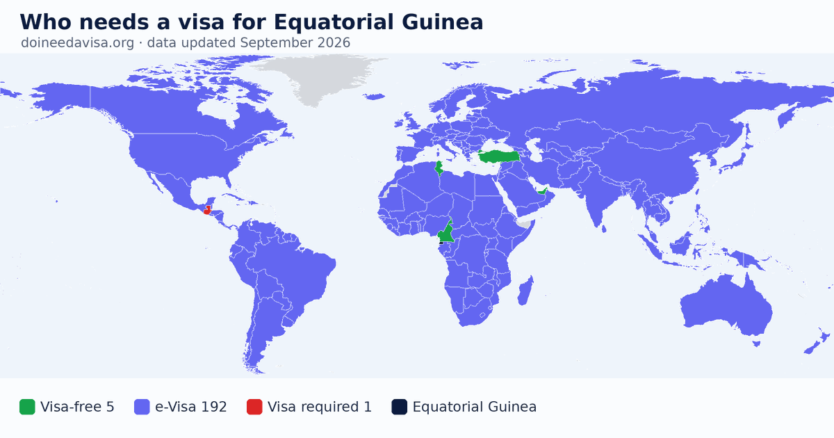 World map: which passports can enter Equatorial Guinea visa-free, with an ETA, e-Visa, visa on arrival or with a visa