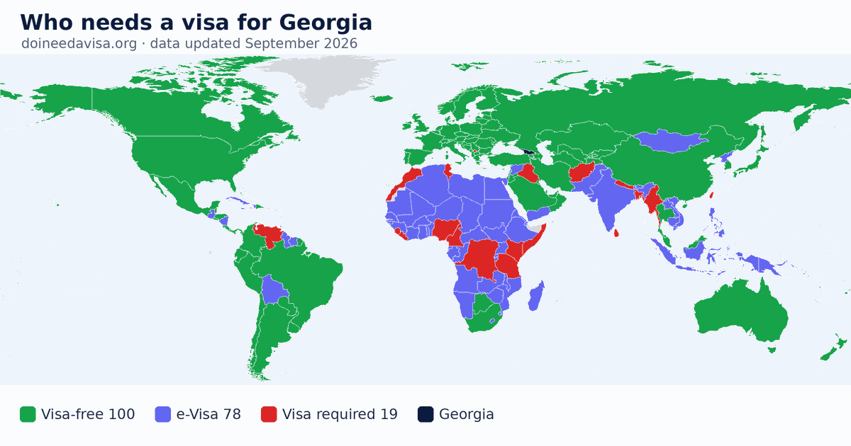World map: which passports can enter Georgia visa-free, with an ETA, e-Visa, visa on arrival or with a visa