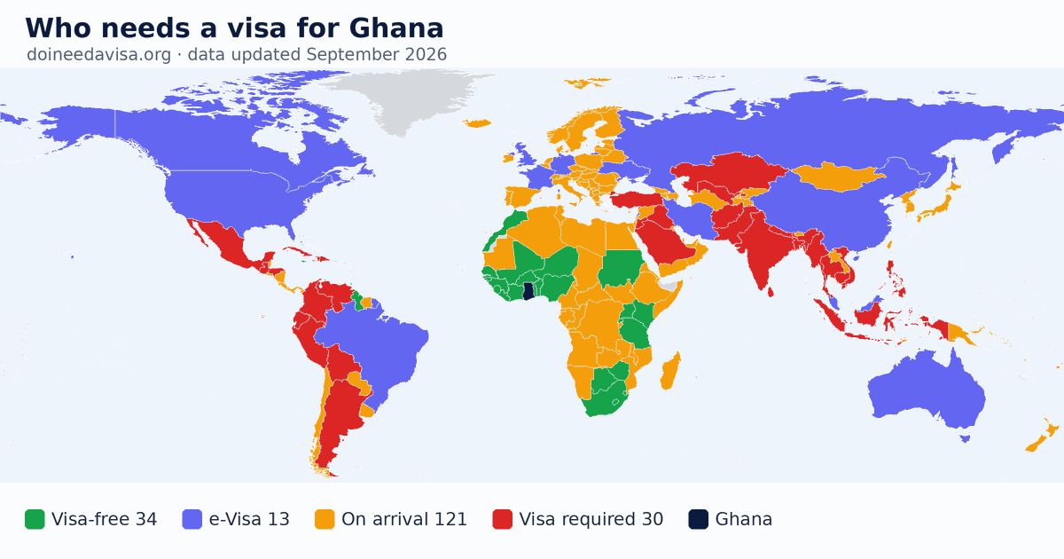 World map: which passports can enter Ghana visa-free, with an ETA, e-Visa, visa on arrival or with a visa