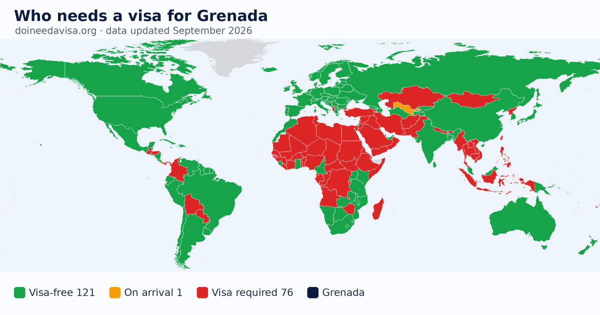 World map: which passports can enter Grenada visa-free, with an ETA, e-Visa, visa on arrival or with a visa