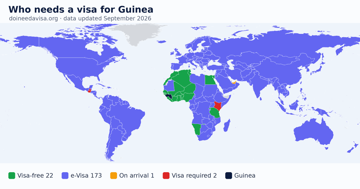 World map: which passports can enter Guinea visa-free, with an ETA, e-Visa, visa on arrival or with a visa