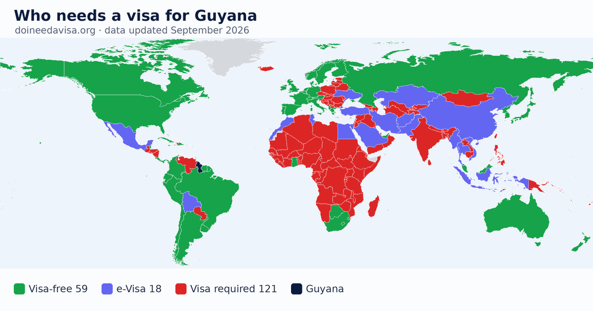 World map: which passports can enter Guyana visa-free, with an ETA, e-Visa, visa on arrival or with a visa