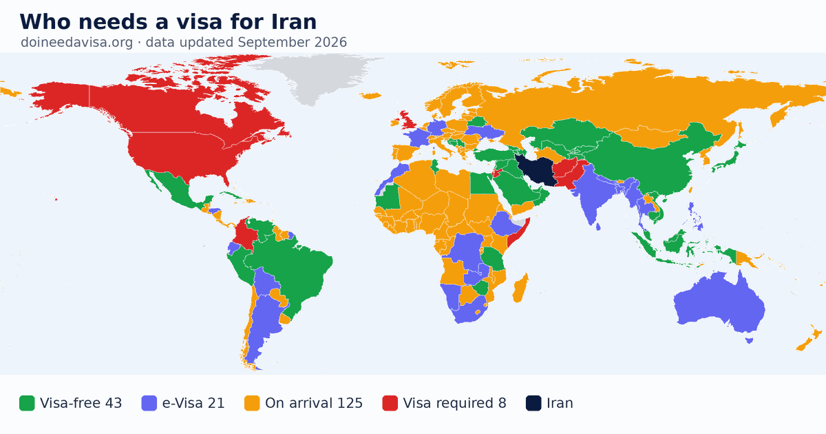 World map: which passports can enter Iran visa-free, with an ETA, e-Visa, visa on arrival or with a visa